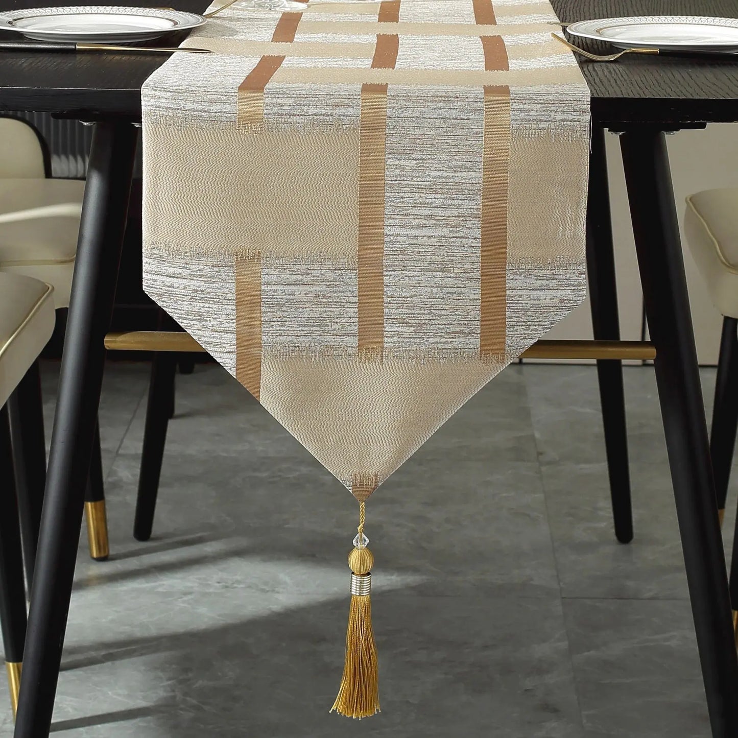 Beige Table Runner with Gold Edging for Christmas Decor