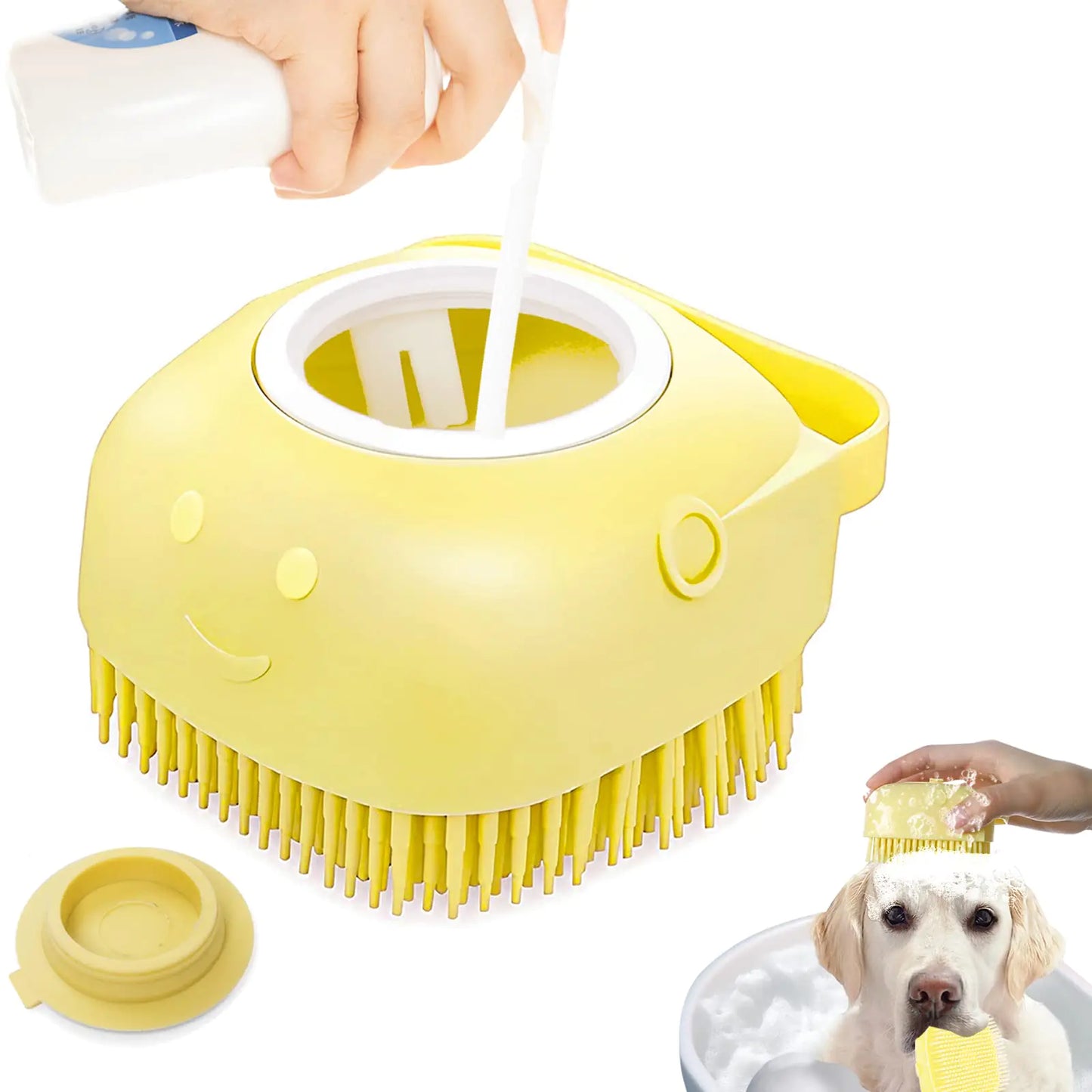 Dog Cat Bath Brush with Soap and Shampoo Dispenser (yellow)